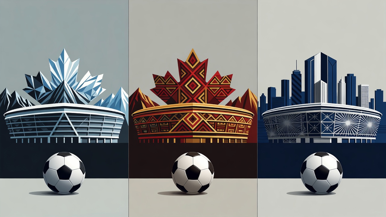 Premium editorial illustration of three vertical panels representing Canada, Mexico, and the United States with modern stadium silhouettes, geometric patterns, and a football resting in the foreground